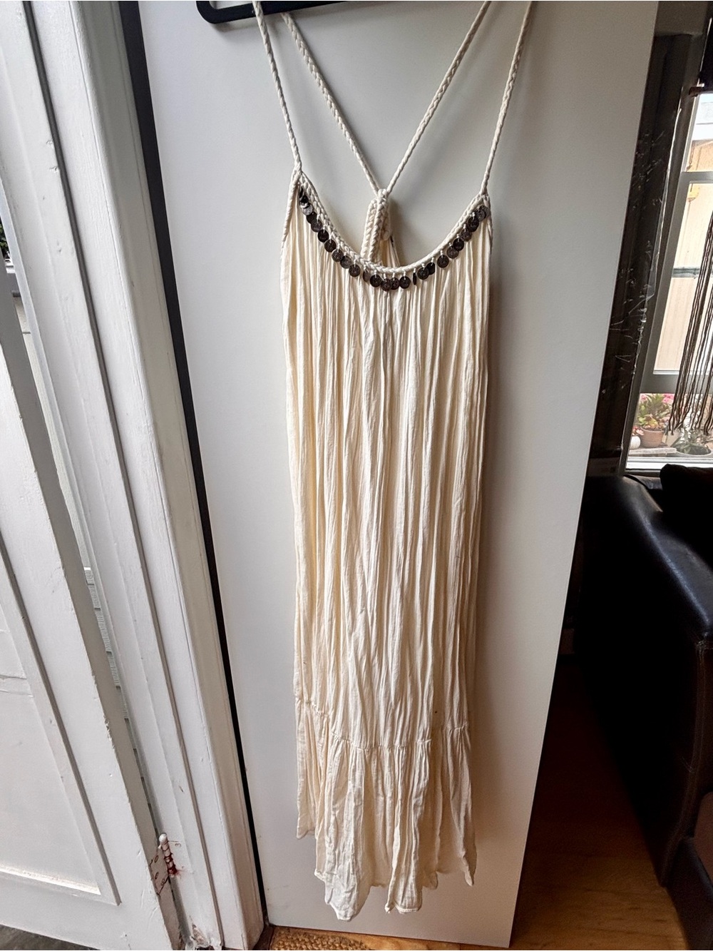 Zara- Cream Boho Maxi Dress with Coin Trim-Size Medium